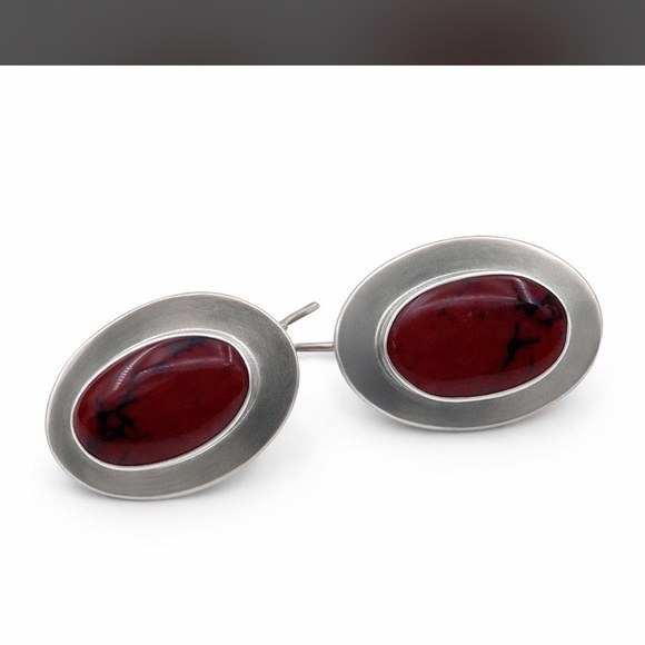 Vintage Taxco Mexican Sterling Silver Red Jasper Oval Statement Earrings 925 - Picture 2 of 4